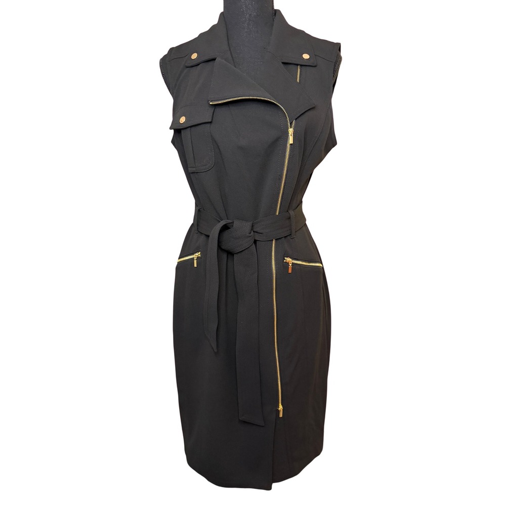Andrew Marc Black Sleeveless Moto Sheath Dress Gold Zip Belted Size 10